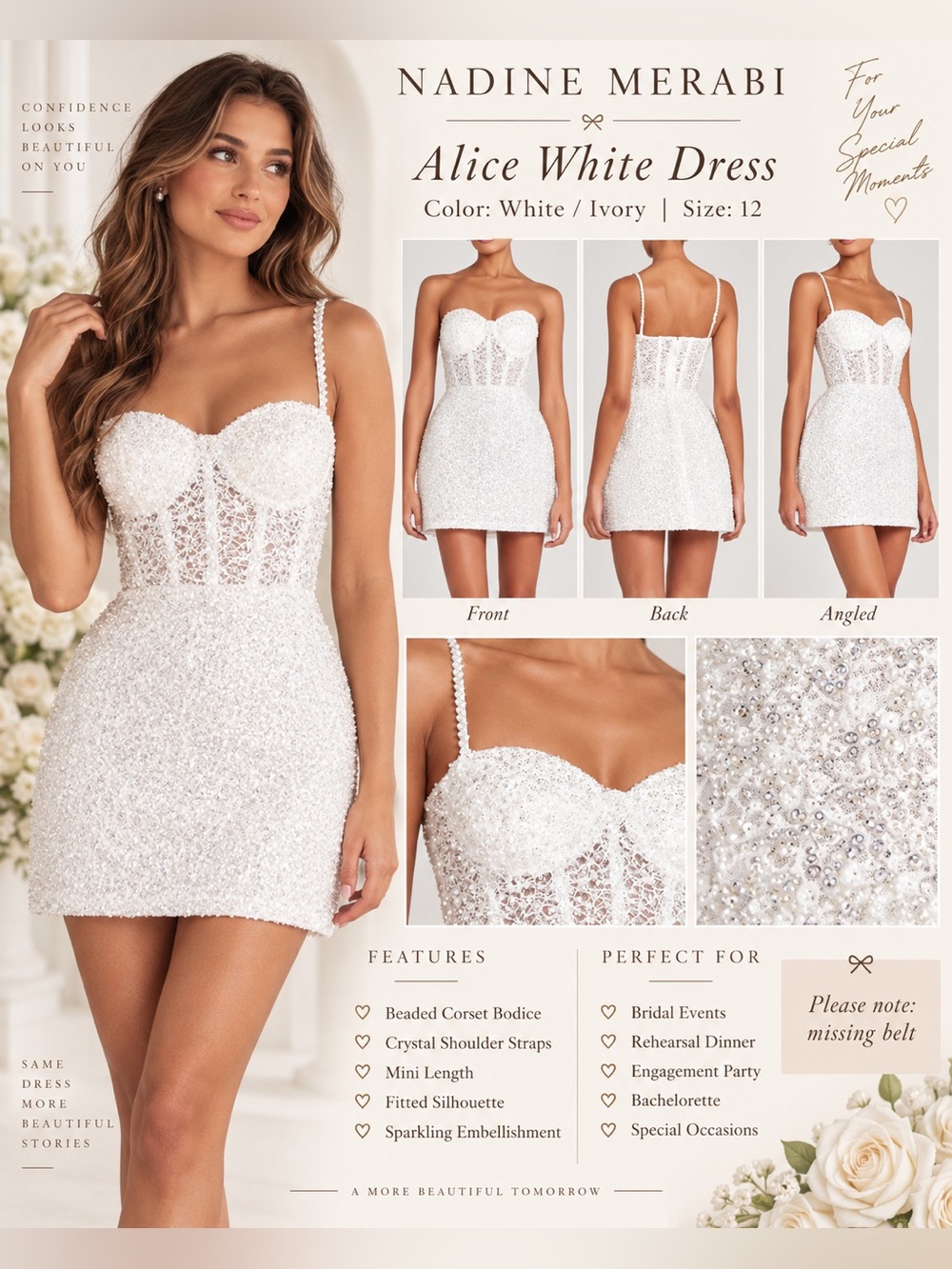 Nadine Merabi Alice White Beaded Corset Mini Dress 12 NWOT